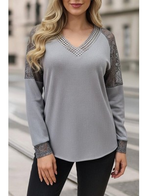 Sun&north Kadın Uzun Kollu V Yakalı Dantelli Waffle Bluz