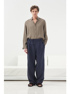 Giesto Dökümlü Çift Düğmeli Lacivert Keten Pantolon