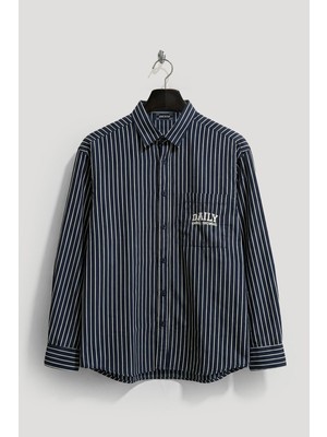 Giesto Çizgili Nakışlı Lacivert Gömlek