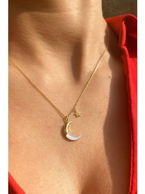 Spossy Silver Jewelry Sedef Taşlı Ay Yıldızlı Kolye