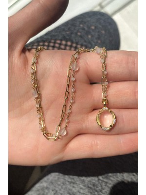 Spossy Silver Jewelry Yarı Zincir, Yarı Pembe Quartz Doğal Taşlı Kolye