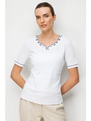 Desen Triko Sıfır Yaka Yakası ve Kolu Işlemeli Pamuklu Penye Kadın T-Shirt 26803