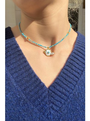Spossy Silver Jewelry Doğal Firuze Taşlı, Kolye Ucu; Doğal Sedef Taş ve Opal Taşlı Choker Kolye