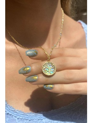 Spossy Silver Jewelry Yarı Zincir, Yarı Doğal Taşlı Yaşam Ağacı Kolye