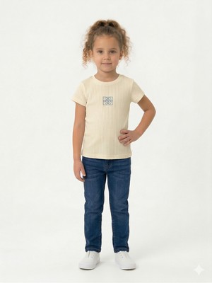 İncili Kız Çocuk Fitilli Kaşkorse Badi - Göğüs Nakış Detaylı Kısa Kollu Tişört