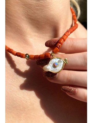 Spossy Silver Jewelry Doğal Taşlı, Coral (Mercan), Sedef, Opal Taşlı Kolye