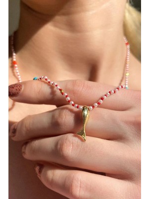 Spossy Silver Jewelry Incili, Araları Firuze ve  Coral (Mercan) Doğal Taşlı, Balık Kolye