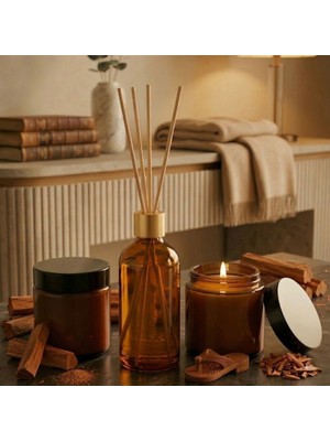 MumvemuM 3 Lü Set Sandal Ağacı Kokulu Bambu Çubuklu Oda Kokusu ve Sandal Ağacı Kokulu Mumlar