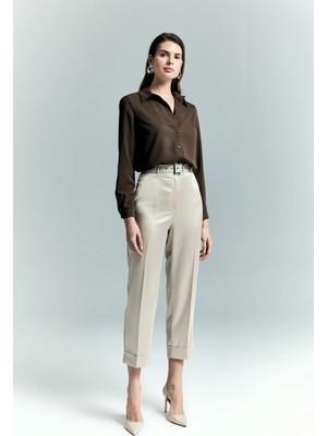 Sateen Lisa Saten Duble Paça Pantolon - Taş