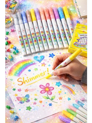 Bilgi Kitabevi Shimmer Marker 12 Renk Simli Metalik Kalem Seti Parlak Fosforlu Marker Kalem Sihirli Kalemler Yeni