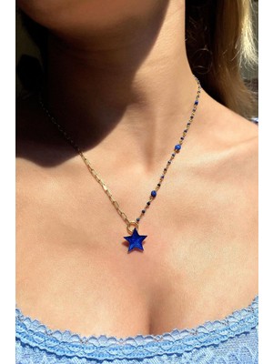 Spossy Silver Jewelry Yarı Zincirli Yarı Oburude Lapis  Doğal Taşlı Yıldız Kolye