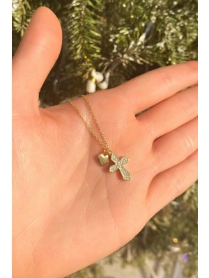 Spossy Silver Jewelry Çift Taraflı Sedef Taşlı Mini Kalpli Hac Kolye