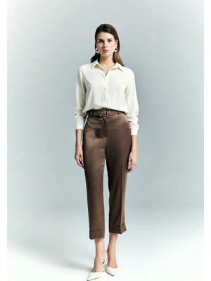 Sateen Lisa Saten Duble Paça Pantolon - Kahve