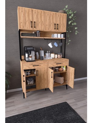 Dekorfim DF14104AC Kahve Köşesi Mutfak Dolabı Coffee Bar Standı Raflı Kapaklı Çekmeceli Çok Amaçlı Konsol Atlantik Çam