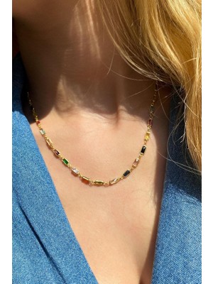 Spossy Silver Jewelry Renkli Dikdörtgen Taşlı Kolye
