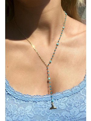Spossy Silver Jewelry Yarı Zincirli, Yarı Firuze Taşlı Balık Kuyruğu Y Kolye