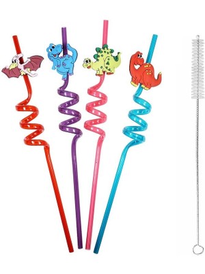 5 Parça Renkli Pipet Seti - Emojili Spiral Kokteyl- Çocuk Pipeti Temizleme Fırçalı