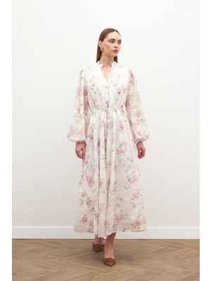 Sateen Nakışlı Desenli Uzun Elbise - Pudra