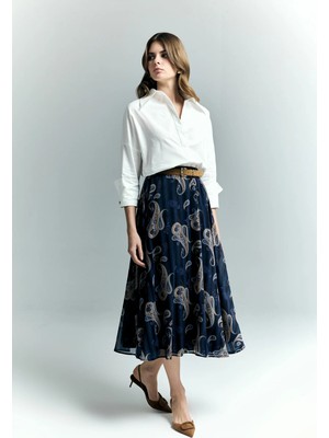Sateen Şal Desen Şifon Etek - Lacivert