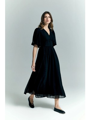 Sateen Kabarık Kollu Uzun Elbise - Siyah