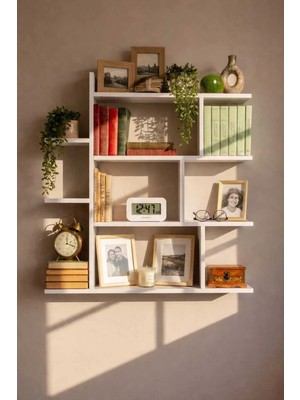 Çamsan Rafixa Beyaz MDF Asimetrik Kanatlı Duvar Rafı - Modern Kitaplık ve Dekoratif Obje Standı