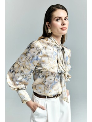 Sateen Çiçek Desenli Fularlı Gömlek - Sarı