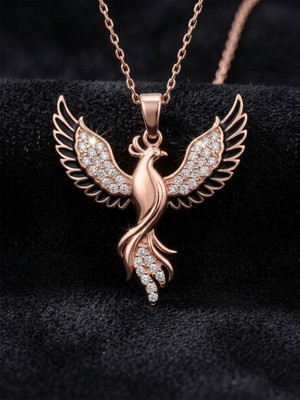 Roza Silver 925 Ayar Gümüş Zümrüdüanka Kuşu Kolye - Rose Gold Kaplama Siyah Mineli Kadın Kolye