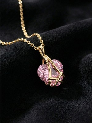 Roza Silver 925 Ayar Gümüş Gold Renk Pembe Kuvars Taşlı Kafes Kalp Arkadaşlık Kolyesi
