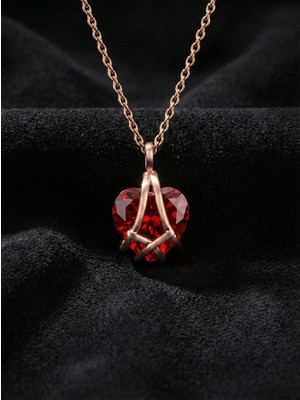 Roza Silver 925 Ayar Gümüş Rose Renk Yakut Taşlı Kafes Kalp Arkadaşlık Kolyesi