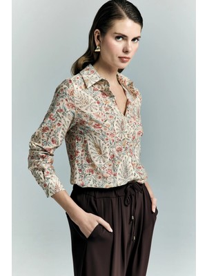 Sateen Şal Desen Kolu Katlamalı Gömlek - Pembe