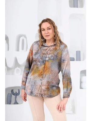 Rmg Desenli Saten Büyük Beden Hardal Gömlek