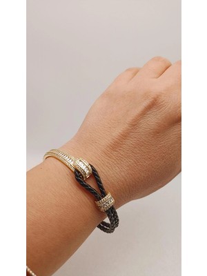 Tılsım Accesories Zirkon Taşlı Gold - Siyah Deri Bileklik