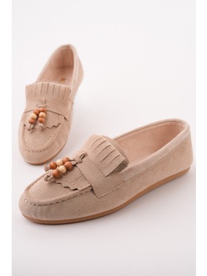 Muggo Fawn Renkli Boncuk Detaylı Kadın Günlük Loafer Ayakkabı