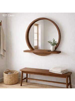 Aypars Atölye 20X20 cm Raflı Masif Kayın Ağacı Yuvarlak Ayna – Iskandinav Tarzı Antre ve Banyo Aynası (Ceviz)