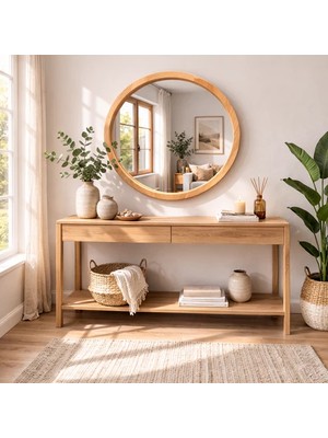 Aypars Atölye 20X20 cm El Yapımı Masif Ahşap Çerçeveli Yuvarlak Ayna – Modern Iskandinav Tarzı Duvar Aynası (Meşe)