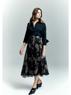 Sateen Şal Desen Şifon Etek - Siyah