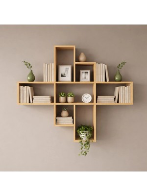 Çamsan Rafixa Bal Meşe Mdf Beşli Çapraz Duvar Rafı - Modern Kitaplık ve Dekoratif Kare Sergi Alanı