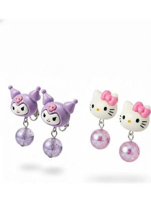 Hello Kitty Kuromi Sanrio Karakterli Karışık Renk ve Model Bijuteri Renkli Boncuklu Arkası Sıkıştırmalı Çocuk Küpe Seti (2ÇİFT)