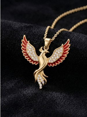 Roza Silver 925 Ayar Gümüş Zümrüdüanka Kuşu Kolye - Altın Kaplama Kırmızı Mineli Kadın Kolye