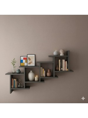 Çamsan Rafixa Antrasit MDF Kademeli Çapraz Duvar Rafı - Modern Kitaplık ve Dekoratif Obje Standı