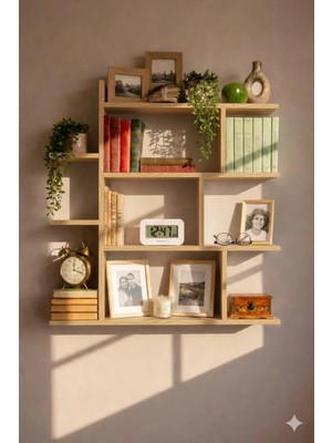 Çamsan Rafixa Bal Meşe MDF Asimetrik Kanatlı Duvar Rafı - Modern Kitaplık ve Dekoratif Obje Standı
