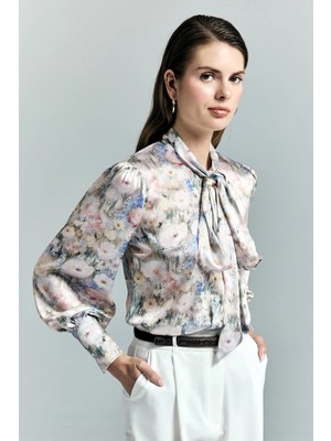 Sateen Çiçek Desenli Fularlı Gömlek - Pudra