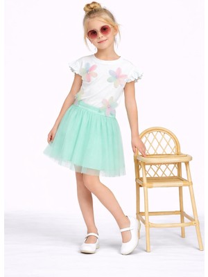 Bambam Kız Çocuk Çiçek Aplikeli Tişört & Pudra Tül Etek Takım – Zarif ve Şık Kombin 2626BY
