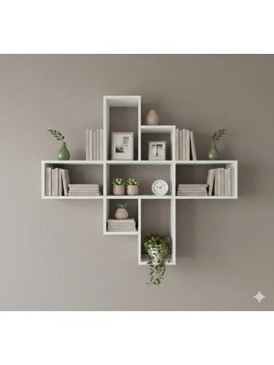 Çamsan Rafixa Beyaz MDF Beşli Çapraz Duvar Rafı - Modern Kitaplık ve Dekoratif Kare Sergi Alanı