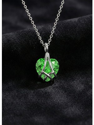 Roza Silver 925 Ayar Gümüş Rodyum Renk Zümrüt Taşlı Kafes Kalp Arkadaşlık Kolyesi