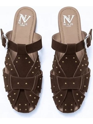 Ne&Ve Shoes Kahve Süet Pim Detaylı ve Tokalı Kadın Kare Burun Sabo Terlik