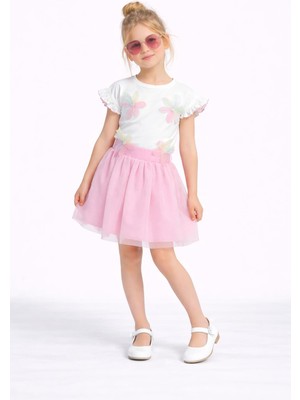 Bambam Kız Çocuk Çiçek Aplikeli Tişört & Pudra Tül Etek Takım – Zarif ve Şık Kombin 2626BP