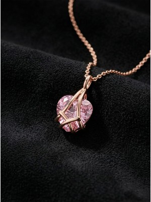 Roza Silver 925 Ayar Gümüş Rose Renk Pembe Kuvars Taşlı Kafes Kalp Arkadaşlık Kolyesi