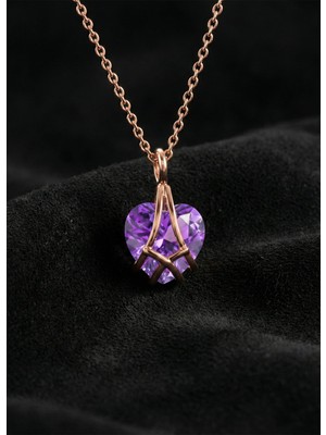 Roza Silver 925 Ayar Gümüş Rose Renk Ametist Taşlı Kafes Kalp Arkadaşlık Kolyesi