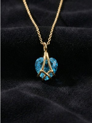 Roza Silver 925 Ayar Gümüş Gold Renk Akuamarin Taşlı Kafes Kalp Arkadaşlık Kolyesi